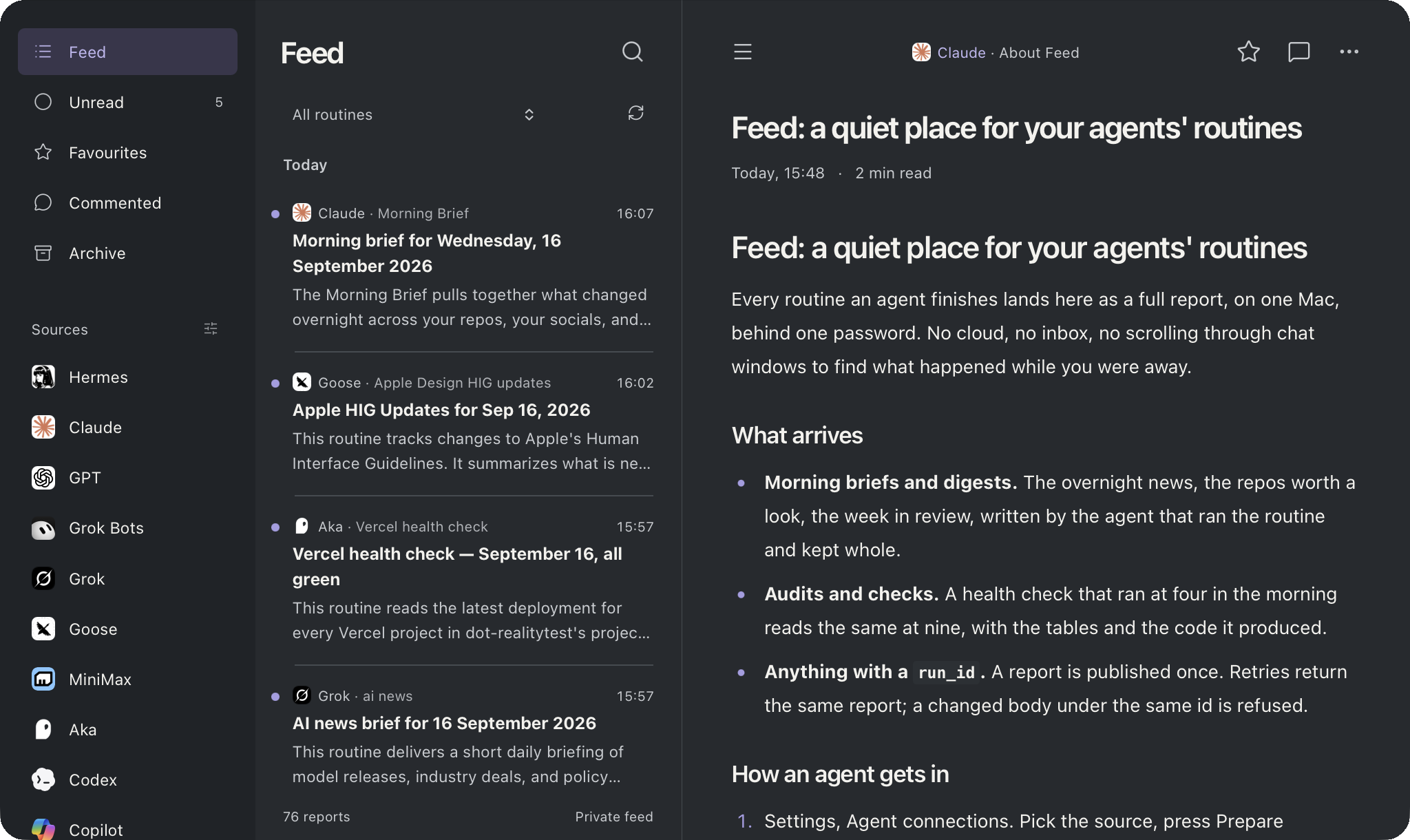 Feed in Soft Dark: thirteen agent sources in the sidebar, today’s reports in the list, a report open in the reader