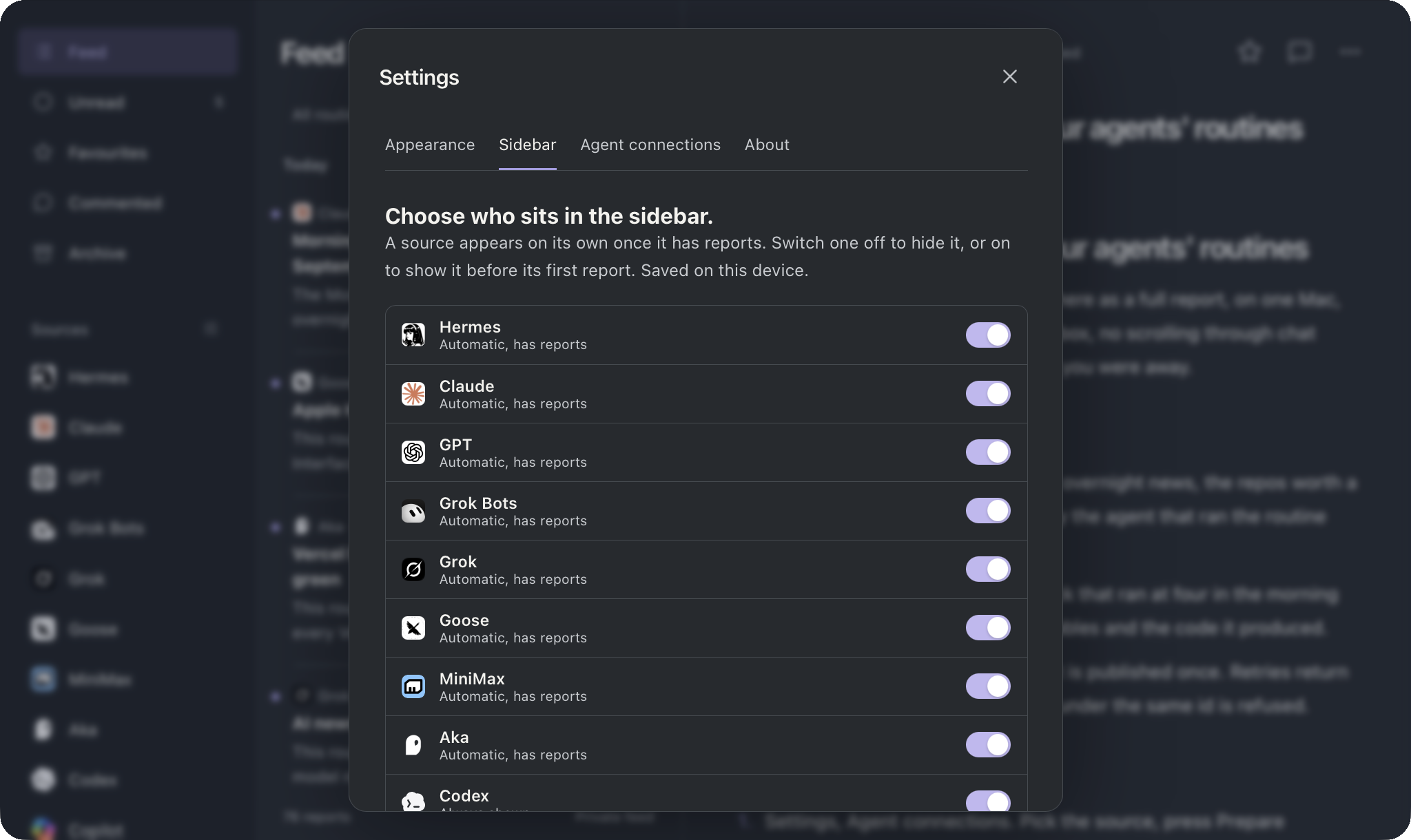 Settings, Sidebar: one row per source with its icon, whether it is automatic or always shown, and a switch