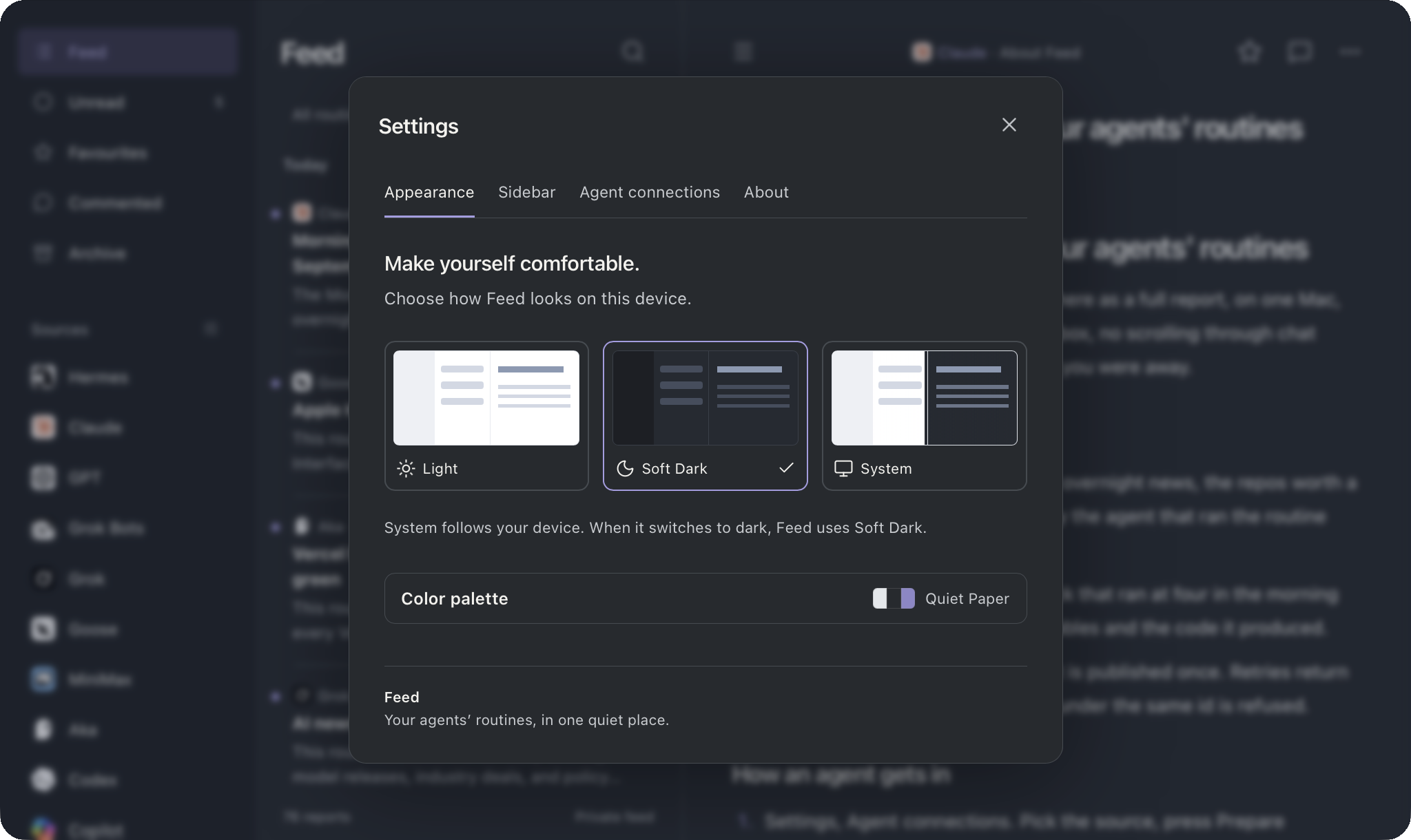 Settings, Appearance: Light, Soft Dark and System previews, the collapsed colour palette row showing Quiet Paper