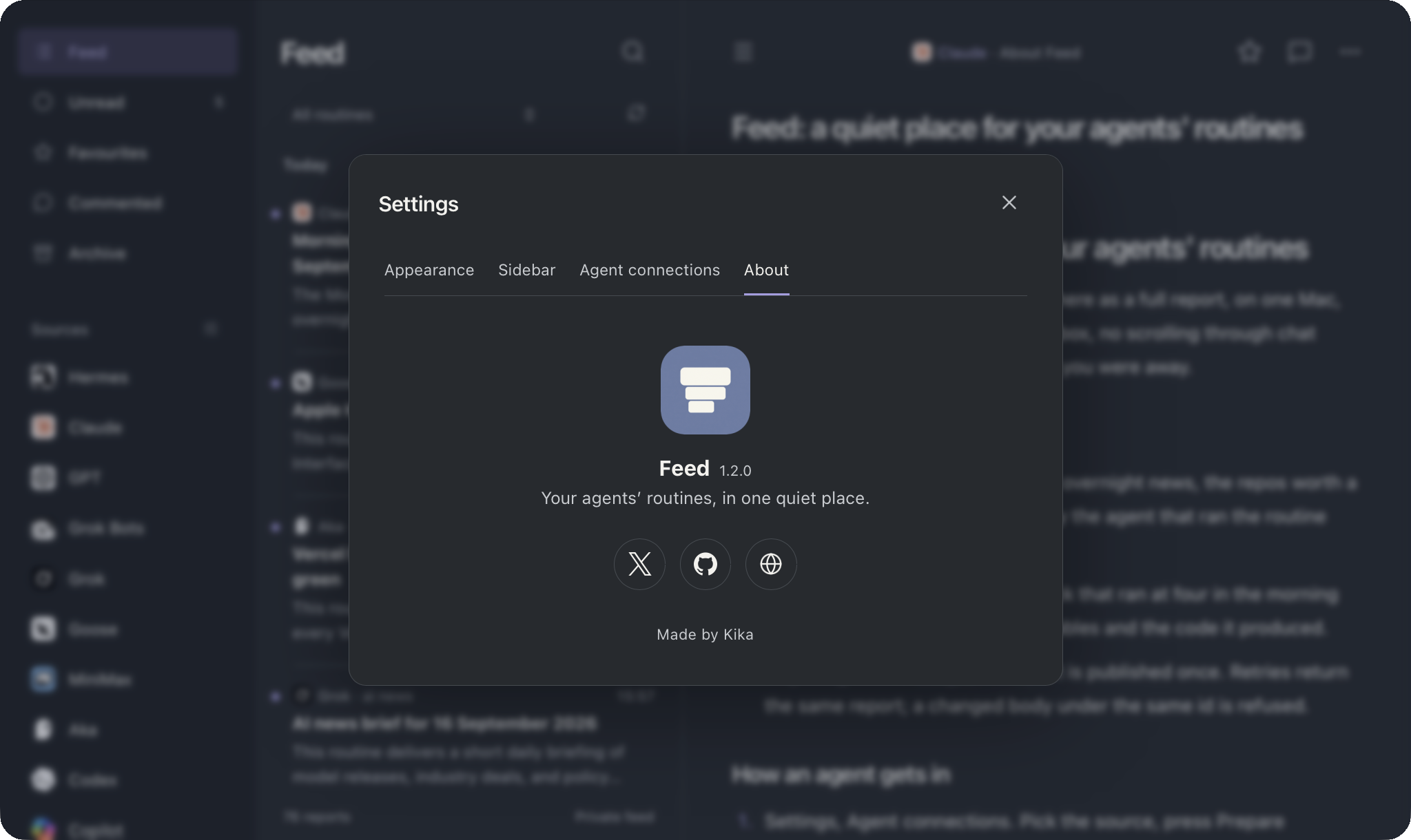 Settings, About: the round Feed icon, the version, the one line, buttons for X, GitHub and akakika.com, and Made by Kika